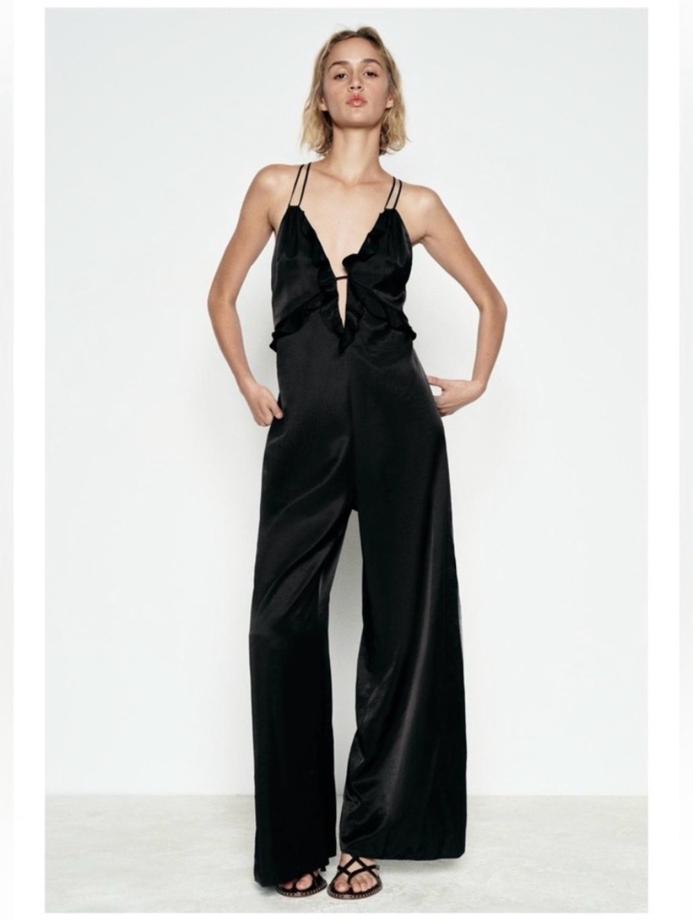 Zara Satin Black Wide-Leg Jumpsuit with Ruffle V-Neck